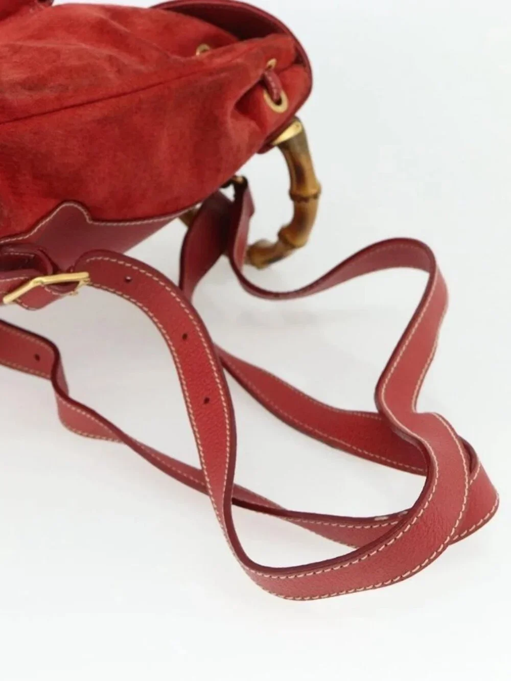 GUCCI Bamboo Backpack Suede Red Gold 003 2058 0030 Auth 175586